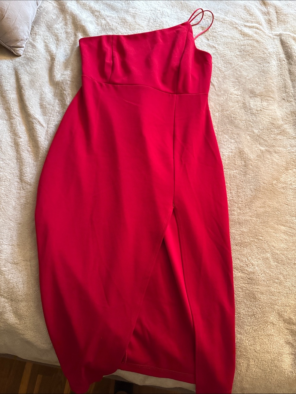 Fashion Nova One-Shoulder Red Midi Dress with Side Slit